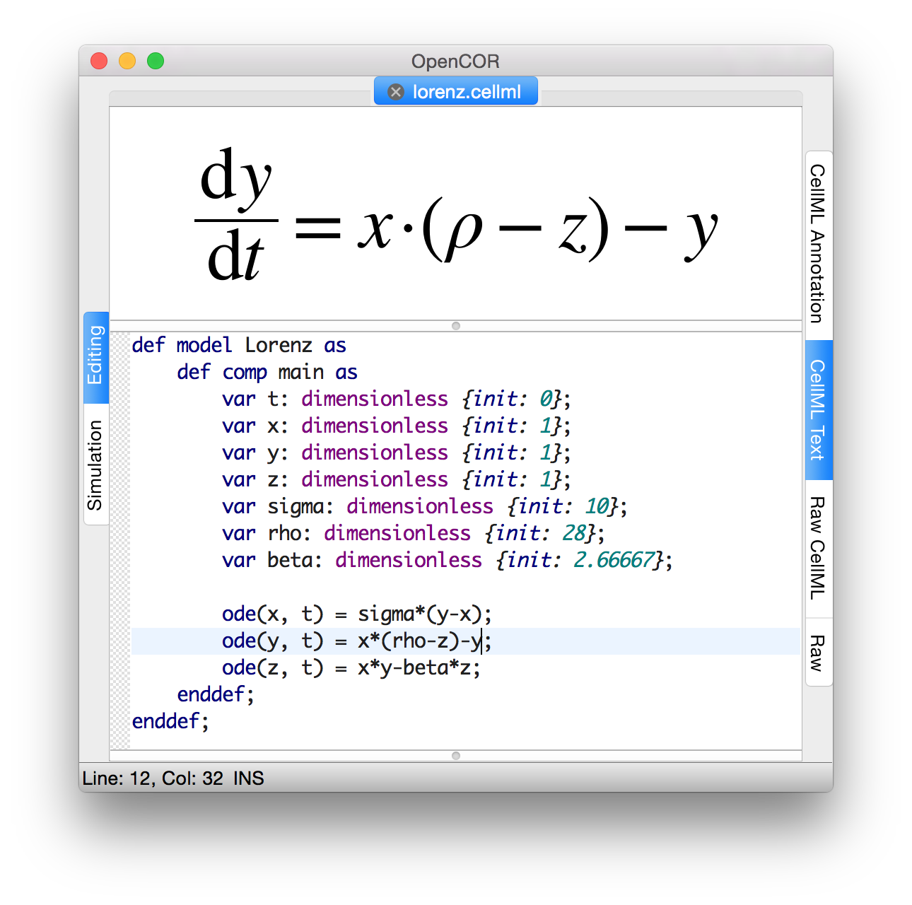 CellML Lorenz equations in OpenCOR